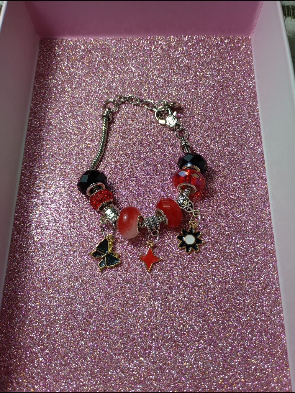 Pandora Style Silver Charm Bracelet with Red, Black & Gold Accents